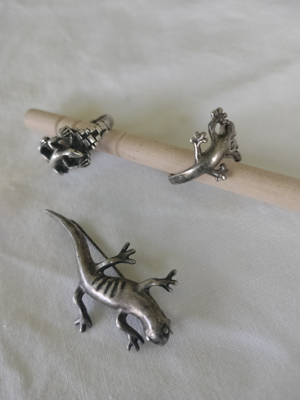 Sterling Silver Lizard Reptile Vintage C-Clasp Brooch (2) Rings Handmade